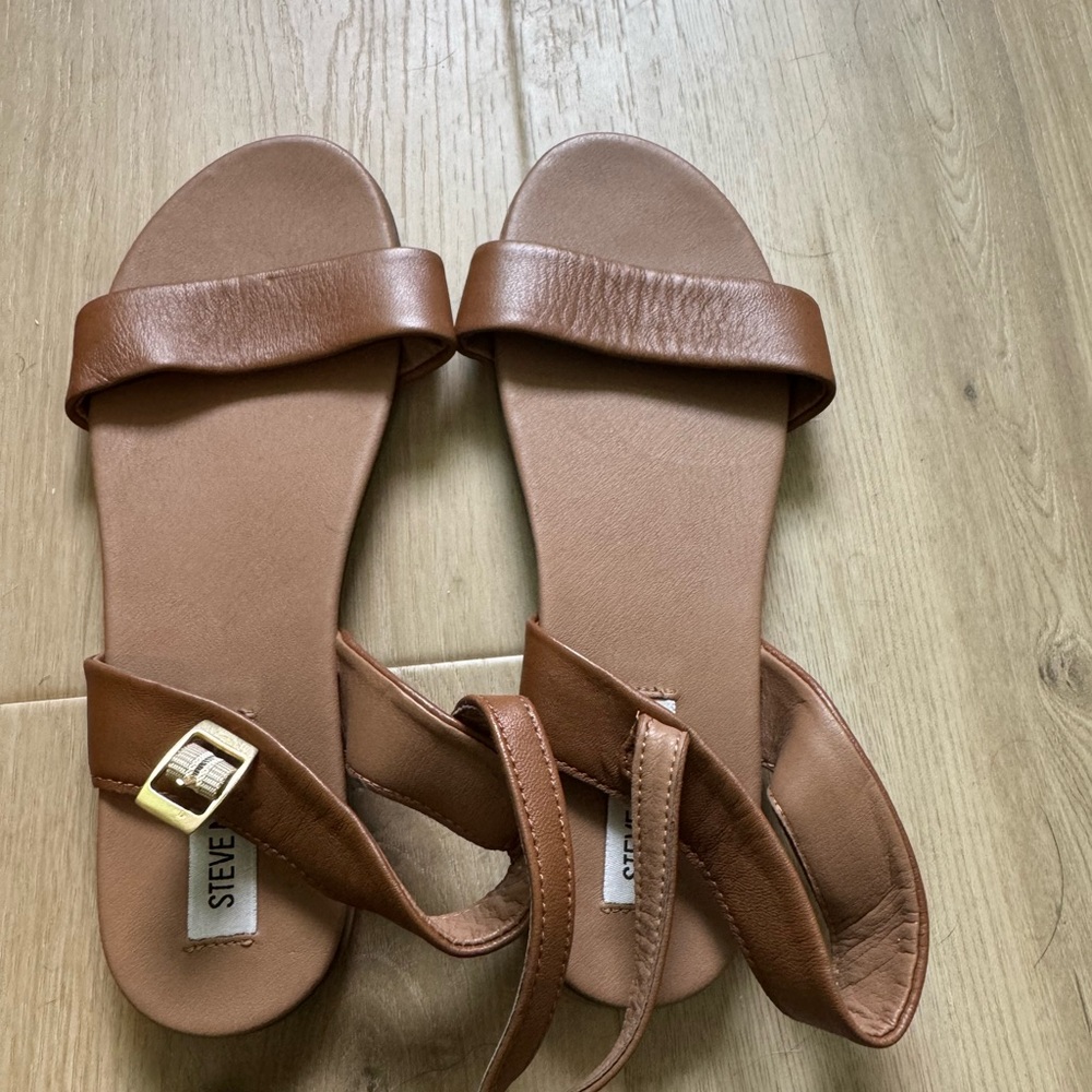 Steve Madden Tan Brown Leather Ankle-Strap Slide Sandals